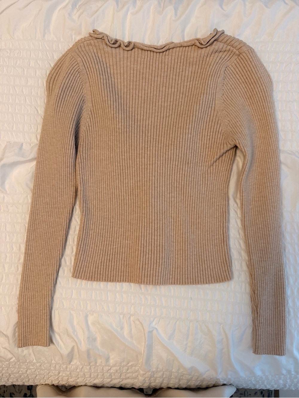 Altard State Ruffled Rib-Knit V-Neck Cardigan — Beige - Picture 2 of 2